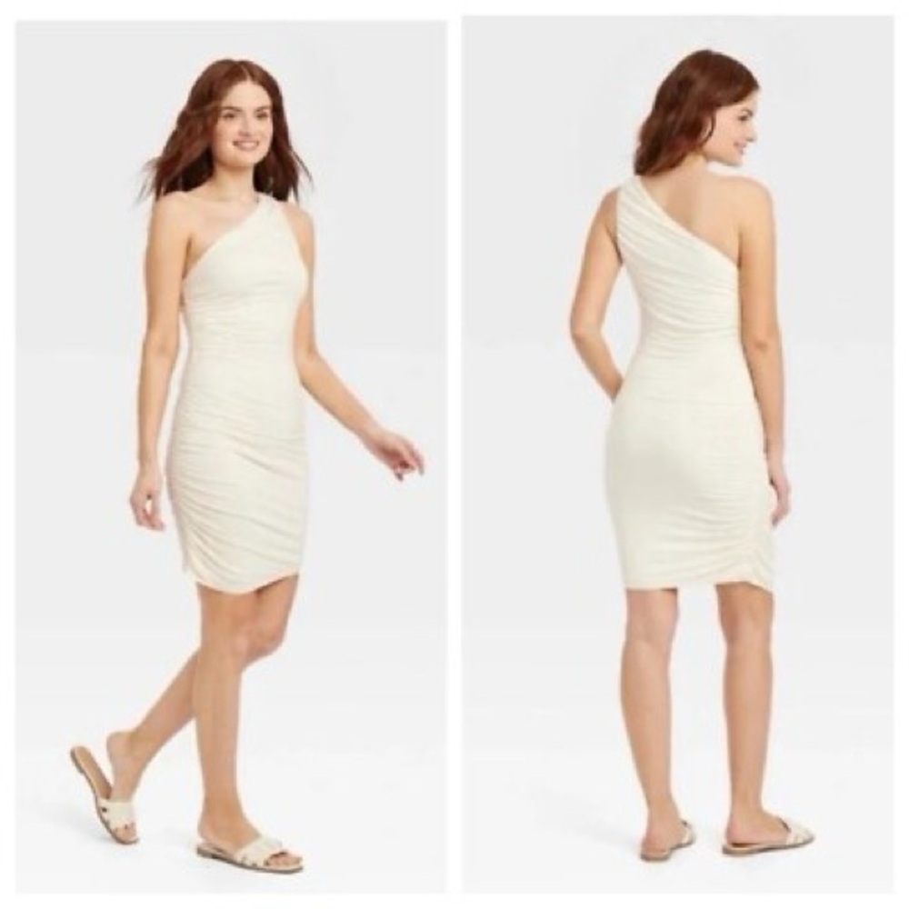 A New Day One-Shoulder Cream Ruched Sheath Dress